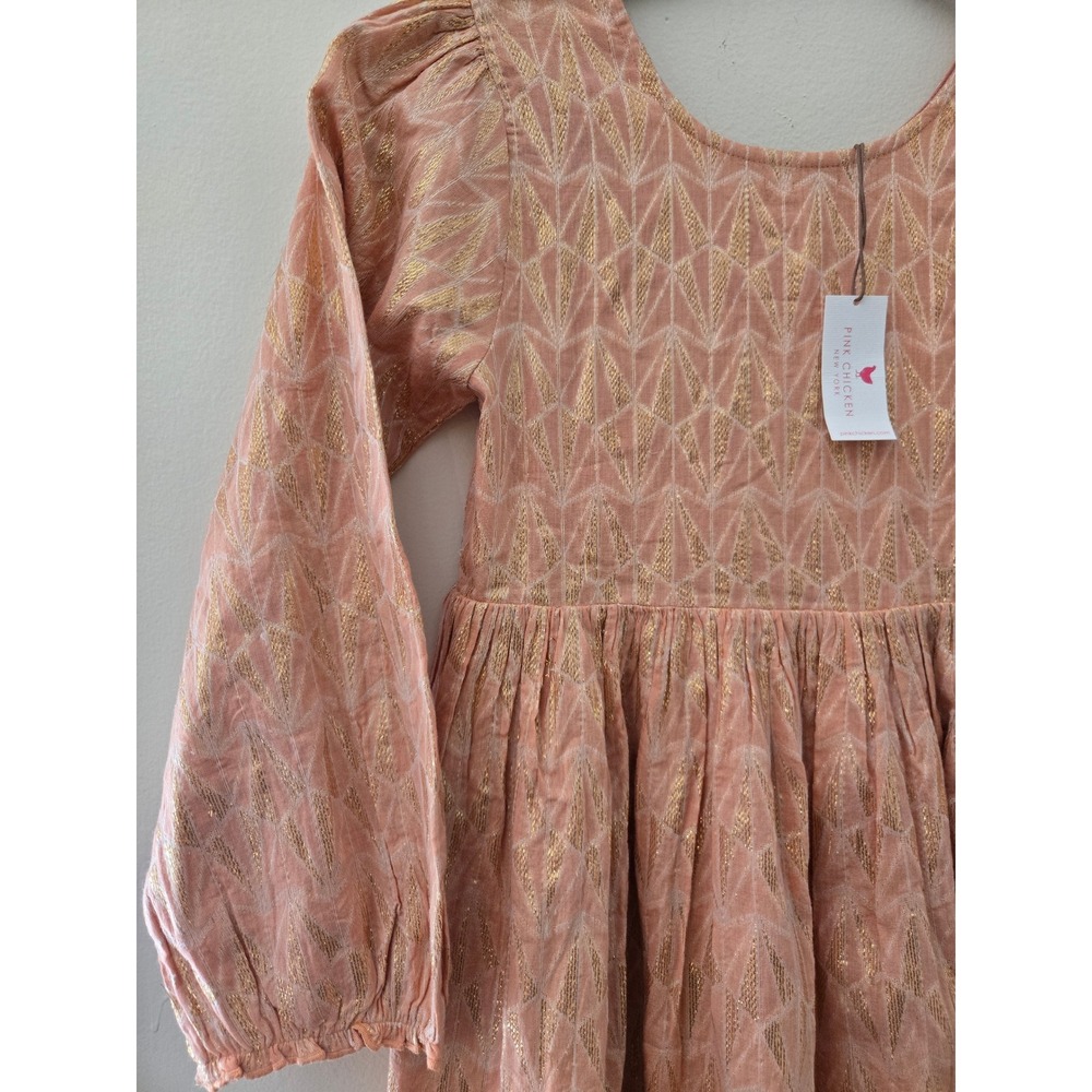 Pink Chicken Girls Peach Gold Metallic Geometric Long Sleeve Dress Size 10Y NWT - Picture 2 of 7